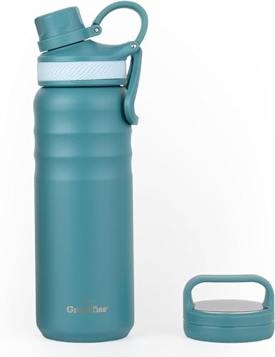 GrandTies 2 Deckel Sport Edelstahl Wasserflasche, 709 ml, Wiederverwendbare Wide Mouth Vakuumisolierte Wasserflaschen, kälteste Wasserflasche für Männer und Frauen (Atlantis Blue, 709 ml)