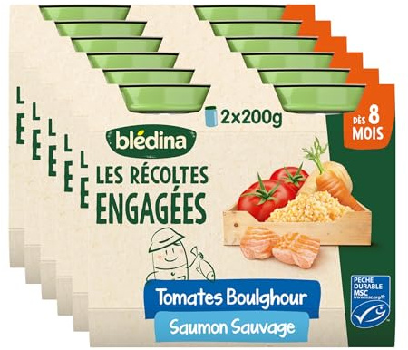 Blédina Les Récoltes Engagées - Tomates, Boulghour et Saumon Sauvage - 12 pots pour bébés dès 8 mois - Lot de 12 pots de 200g