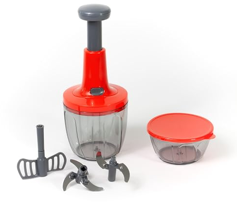 Meridiana CHEF ROTOR Mixer Tritatutto Manuale, 5 Lame acciaio Inox, Trita Verdure Manuale, Frullatore Manuale Taglio di Cipolla Manuale Tritaverdure, press Chopper, Contenitore 900 + 500 ml (Rosso)