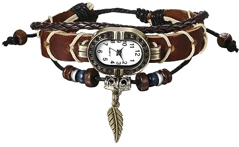 JewelryWe Kvartsklocka läderarmband för kvinnor bladformad hänge