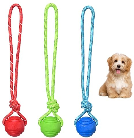 Fayemint Paket med 3 hundkastbollar, hundbollar med rep, hundkastbollar, för apportering, fångst, kast, dragkamp, ​​naturgummiboll, rep, boll för hundar