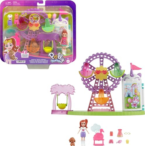 Polly Pocket Puppe & Spielset, Tropische Leckereien Karneval Lebensmittel Spielzeug Enthält 7,6 cm Puppe, 1 Welpe, 10 Zubehörteile & Spinnendes Riesenrad