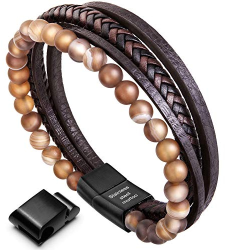 murtoo Braccialetto per uomo in vera pelle bovina da donna unisex bracciale avvolgente marrone nero multistrato chiusura magnetica cinturino in corda, 8.5 inches, Pelle