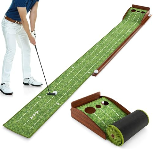 GYMAX Tappetino da Golf, con 3 Palline, Ritorno Automatico della Palla, 1/2 / 3 Buche e Linea Guida, Tappeto Erboso Simulato per Golfisti, per Interni Esterni Casa Ufficio(3 Buche)