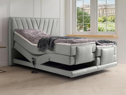 Vente-unique-Boxspringbett mit Bett-Kopfteil + elektrisch verstellbare Lattenroste + Matratzen + Topper - 2 x 90 x 200 cm - Samt - Hellgrau - LUMONI von YSMÉE