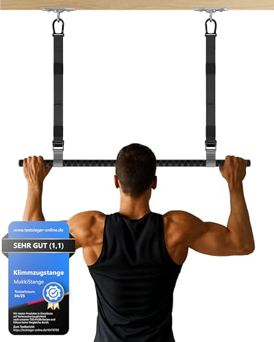 Mukkistång, chin-up-stång, steglöst justerbar höjd 25 cm–65 cm, avtagbar i 2 klick, halkfritt handtag, takmontering, testad tysk kvalitet, fitnessutrustning för hemmet, dra upp bar