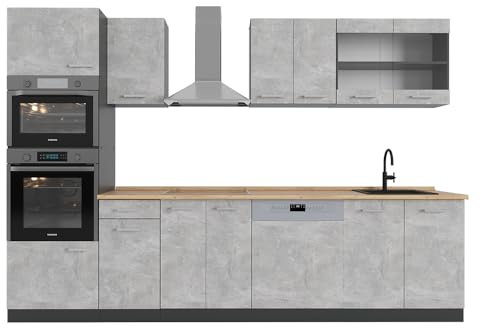 Vicco Küchenzeile R-Line, Beton/Anthrazit, 300 cm mit Hochschrank, AP Eiche