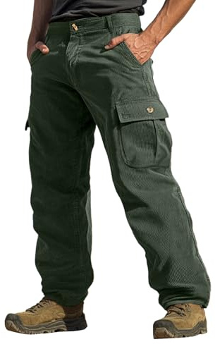 Pantalon cargo de travail en velours côtelé pour homme, Pantalon de travail à coupe ample avec plusieurs poches, Pantalon décontracté pour homme pour le plein air et la randonnée, vert militaire, XL