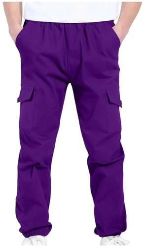 Boys Cargo Trousers Fashion Jogger Pants Elastic Waist Cinch Bottom Uniform Sweatpants Big Kids Back to School Clothes Solid Color Jogging Pants Outdoor Hiking A Purple 4-5 Years