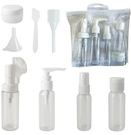 Générique 8 stycken återanvändbara reseflaskor, med skumflaska med borste, pump, spray, lotion, burkar, påfyllningstillbehör och förvaringsväska ingår