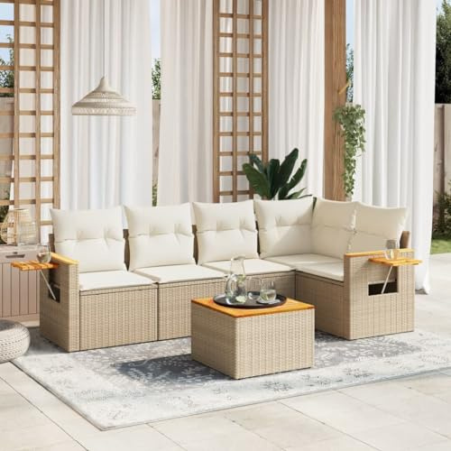 Set di 6 divani da giardino in rattan beige con cuscino, pieghevole, resistente ai raggi UV, portata 110 kg, per terrazze, balconi, esterni