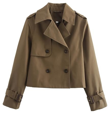 Trench corto da donna, cappotto con risvolto, donna leggero cappotto corto cropped outwear a maniche lunghe, doppiopetto giacca corta, abbigliamento casual, stile coreano, marrone, M