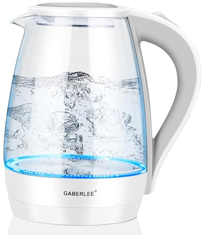 GABERLEE Electric Kettle, 1.7L, Fast Boil Quiet Glass Kettle with Blue LED, Auto Shut-Off and Boil-Dry Protection, Stainless Steel Inner, BPA-Free, 2200W, Black (White)