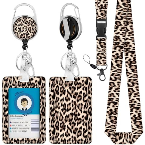 Copbopwn Leopard Print Lanyard with Card Holder Id Card Holder Badge Retractable Lanyard Reel with Detachable Neck Strap & Carabiner Clip for Office Work School Teacher Student Nurse