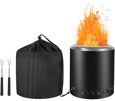 CAMPORG Rökfri eldskål 22 cm rostfritt stål – bärbar camping brandkorg för 3–5 personer, utomhus bordskamin med resväska och grillgaffel, för trädgård och grill, svart