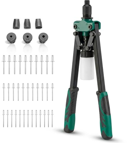 BILLION GOLD Heavy Duty Pop Rivet Gun Kit, 14-Inch Dual-Handle Riveting Tool with Collection Bottle & 3 Assorted Rivets (1/8-3/16), for Automotive, Metal, Steel & DIY