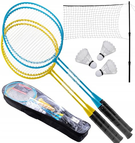Set da badminton con 4 racchette, 3 volani, rete e borsa per il trasporto, giallo e azzurro, acciaio e alluminio, altezza palo 170 cm, set completo per sport ricreativi