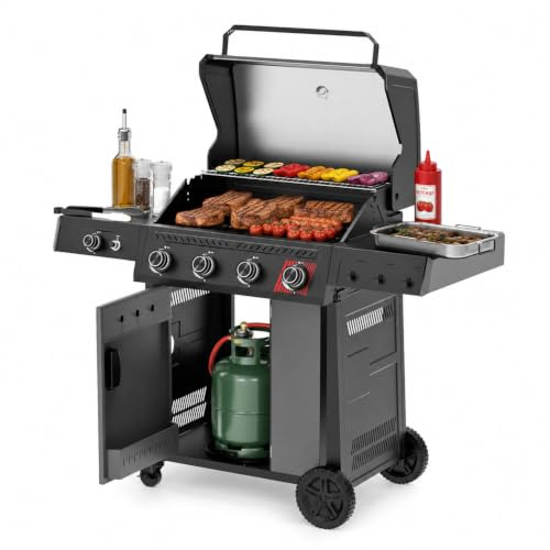 MasterCook - Barbecue a Gas 4+1 Fuochi con Griglia in Ghisa e Fornello Laterale, BBQ da Esterno con Coperchio, Tavolini Laterali e Ruote, Accensione a Impulsi, 138x64,7x118,2 cm