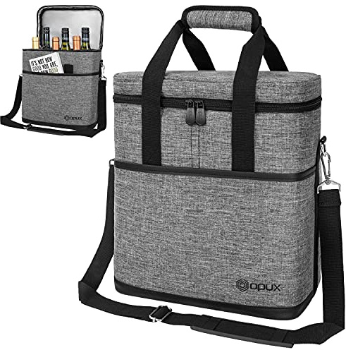 opux 6 Bottle Carrier Tote | Insulated Padded Wine Cooler Bag for Travel. Picnic, BYOB | Portable Leakproof Wine Tote Bag for Dinner, Party, Christmas, Wine Gift for Women, Men (Heather Gray)