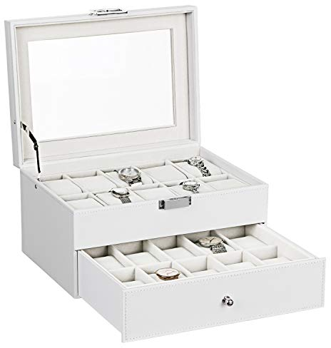 BEWISHOME Uhrenbox Organizer 20 Fächer Uhrenbox Herren Display Aufbewahrungsbox Metallscharnier Weißes PU-Leder Glasdeckel Großer Uhrenaufbewahrung, Uhrenkasten Damen, Weiß ESSH04W