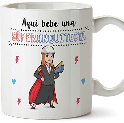 MUGFFINS Arquitecta Tazas Originales de café y Desayuno para Regalar a Trabajadores Profesionales - AQUÍ Bebe UNA SÚPER ARQUITECTA - Cerámica 350 ml