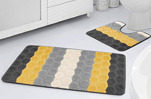 2pc Non Slip Bath Mat Set Bath & Pedestal Mats Stripe Design For Bathroom Soft And Absorbent Two Piece Slip Resistant (yellow)