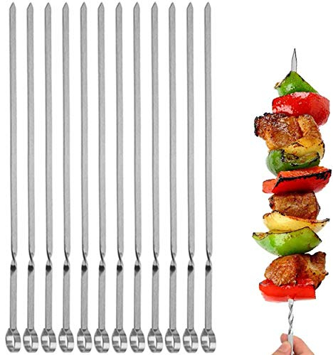 Kebob-Spieße, flach, Metall, Grillspieße, 35,6 cm lang, Edelstahl, Schaschlikspieße, breit, scharf, wiederverwendbar, Grillspieß-Set für Fleisch, Garnelen, Huhn, Gemüse, 12 Stück