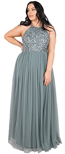 Maya Deluxe Damen Maya Deluxe Navy Embellished Halter Neck Maxi Bridesmaid Dress, Misty Green,50 EU (Herstellergröße: 22)