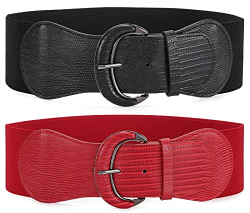 JasGood 2 Stück Damen Breiter Elastischer Taillengürtel Vintage Gürtel Hüftgürtel für Frauen Kleider,Schwarz/Rot,103cmFür Taillenweite 91cm-105cm