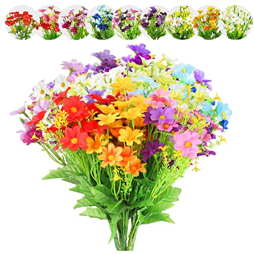 Yafe 12 Bundles Artificial Flowers, 9 Colors UV Resistant-Daisy Silk Artificial Fake Flowers, Plastic Flowers for Indoor Vase or Outside Hanging Planter Home Garden Decorating