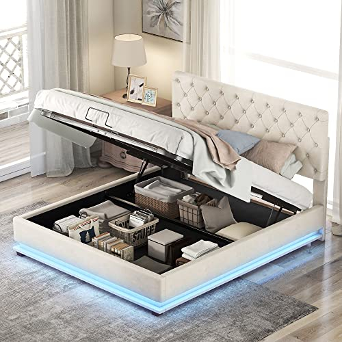 Azkoeesy Polsterbett, LED-Bett, Stauraumbett, mit Hydraulisch und Bettkasten, Doppelbett mit Lattenrost, Knopfverzierung am Kopfteil, für Teenager und Erwachsene, Samtbezug, Beige