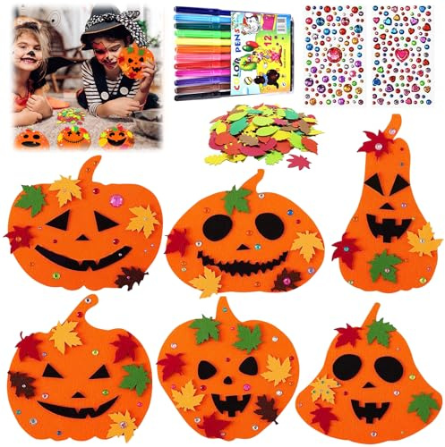 12 Pièces Automne Enfant Artisanat, Halloween Citrouille Kit DIY en Feutre, Thanksgiving avec Feuille Érable et Strass pour Cadeaux Halloween(A)