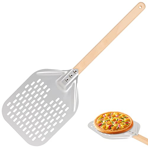 SIYOMG Pizzaschieber Pizzaschaufel - 40 * 30cm, 12 Zoll Edelstahl Pizzaschieber, Aluminium Schaufel mit Perforation & Abnehmbaren Holzgriff