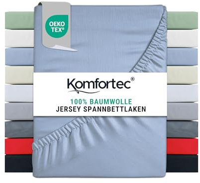 Komfortec Spannbettlaken Jersey 100% Baumwolle – 140x200 cm – 135g/m² – Weich, Atmungsaktiv & Hautfreundlich – Mit Rundumgummi – Oeko-Tex Zertifiziert – Für Boxspring, Topper & Matratzen – Hellblau