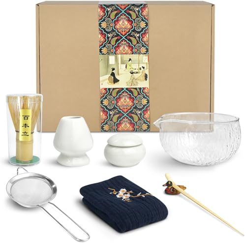 Artcome 9 Pcs Japanese Matcha Tea Set, Matcha Bowl with Pouring Spout, Matcha Whisk, Tea Scoop, Whisk Holder, Matcha Powder Caddy, Handmade Matcha Ceremony Kit For Japanese Tea Ceremony (White)