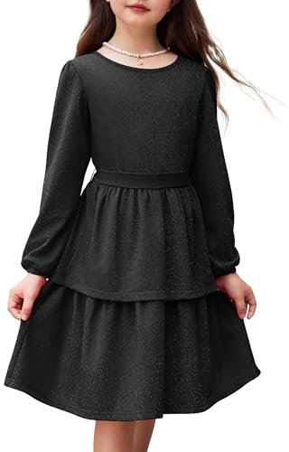 Arshiner Mädchen Kleider Glitzer Kinder Festliche Langarmkleid Elegant Rundhals Partykleid A-Linie Winter Herbst Freizeit Kleid für Mädchen 7-8 Jahre Schwarz
