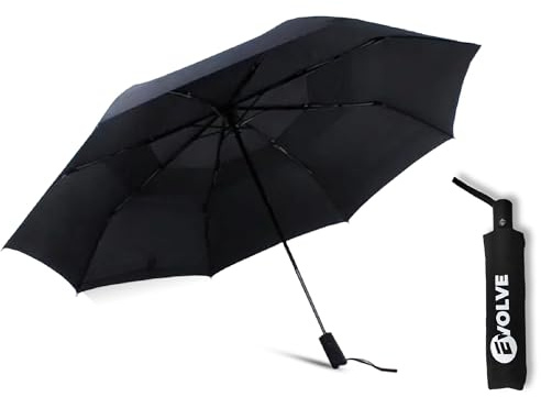 EVOLVE Windproof Double Canopy Travel Umbrella – Compact, Durable, and Lightweight 1-Touch Folding Umbrella with Premium Grip – Portable for Car & Handbag – 11” Length, 12oz