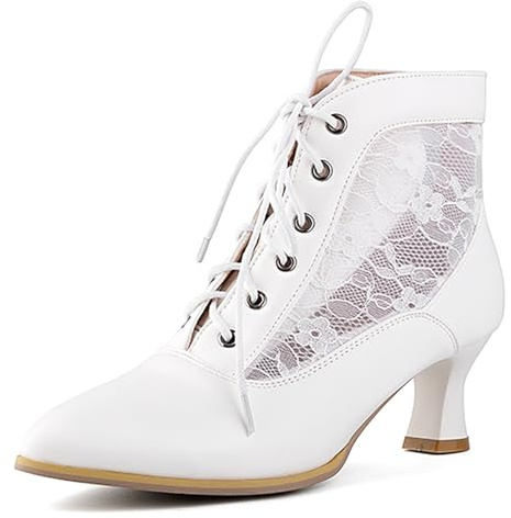 LanreyTaley Women's Lace Short Ankle Boots Lace Up Victorian Booties Vintage Kitten Heel Lace Wedding Bridal White Mark Size 38
