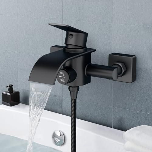 OTOmitra Robinet de baignoire, cascade, noir, mitigeur de baignoire, mitigeur de baignoire, en laiton, avec bouton poussoir, montage en saillie pour baignoire et salle de bain