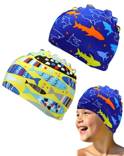 KEMUZ 2 Pezzi Cuffia Piscina Bambino 1-8 Anni, Cuffie da Nuoto in Poliestere Impermeabile con Motivi Squalo e Pesce Tropicale, Ideale per Neonati e Bambini, Regalo Perfetto per Nuoto in Piscina o Mare