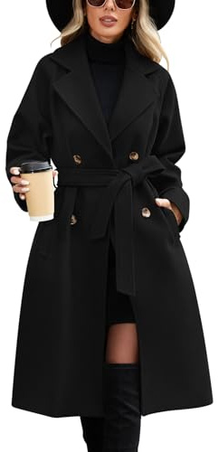 CMTOP Manteau Femme Long Chic et Élégant Trench Coat Femme à Double Boutonnage et à Revers, Classique Couleur Unie Coupe-Vent Manteaux avec Ceinture et Poches pour Printemps Automne Hiver(Noir,XL)