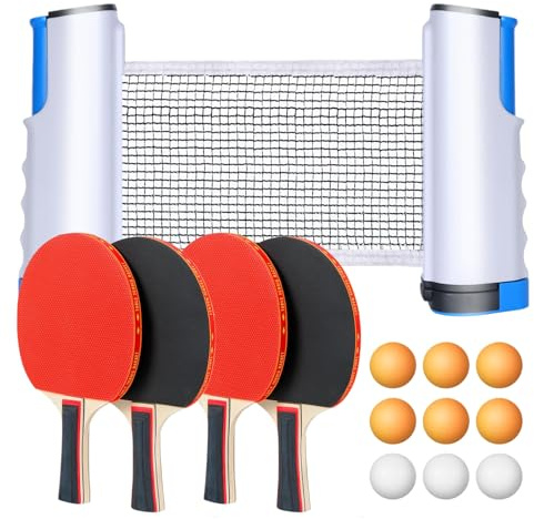 Flintronic Raquette de Ping Pong Set, Ensemble de Tennis de Table Portable, 4 Raquette de Ping-Pong, 9 Balles, 1 Filet de Tennis de Table Rétractable, 1 Sac, pour Athlètes, Débutants, Experts