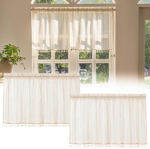 DeBizz Lot de 2 rideaux brise-bise modernes semi-transparents courts en lin beige clair 100 x 60 cm Rideau coulissant sans perçage pour petites fenêtres de cuisine, portes de balcon et camping-car