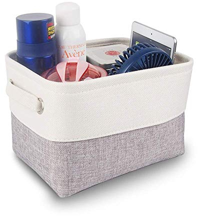 Mangata Small Canvas Storage Box, Fabric Storage Basket with Handles for Cupboards, Shelves, Clothes, Toys (Foldable, Grey White)