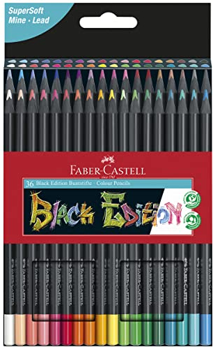Faber-Castell 116436 Black Edition Buntstifte, 36er Box, Lebendige Buntstifte, Bruchsichere Buntstifte mit ergonomischem Griff, Malstifte für helles und dunkles Papier