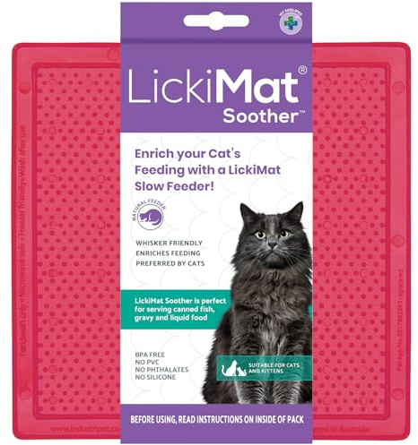 LICKIMAT Classic Soother Cat Slow Feeders Lick Mat, Boredom Anxiety Reducer; Perfect for Food, Treats, Yogurt, or Peanut Butter. Fun Alternative to a Slow Feed Cat Bowl or Dish, Pink