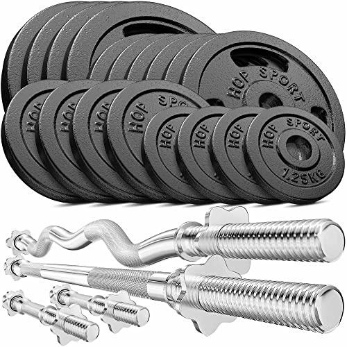 Hop-Sport GUSS Hantelset 106 kg, 1x Langhantel, 1x SZ Stange & 2X Kurzhantel inkl. 18 Hantelscheiben 4x10kg/6x5kg/4x2,5kg/4x1,25kg (SZ)