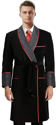 Apornipal Men's Long Velvet Smoking Jacket with Belt Shawl Lapel Smoking Robe Quilted Dressing Gown (Black,48R)