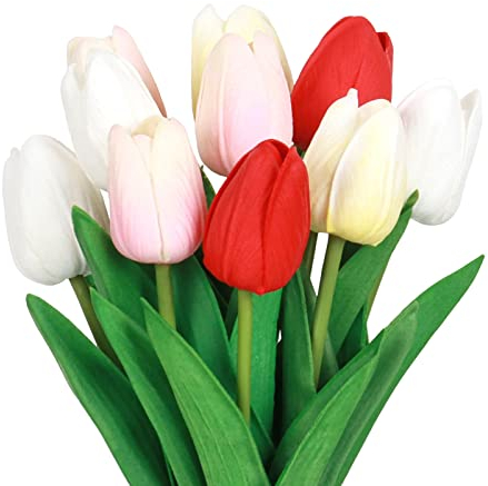 VaryFloral 10 Stück Künstliche Blumen Tulpen Mehrfarbig Kunstblumen Tulpen Blumen Deko PU Latex Blumenstrauß Flexibel Künstlich Kunstblumen Hochzeitsdeko für DIY Hochzeit Garten Zuhause Herbstdeko