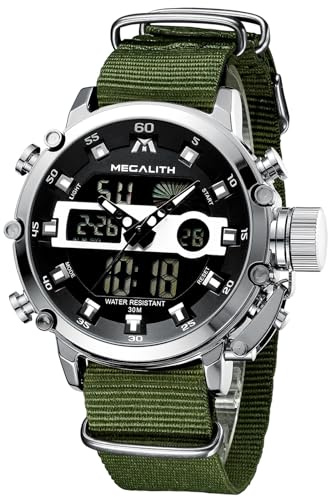 MEGALITH Orologio Uomo Digitale Militare: Sportivo Quadrante Grande Orologi da Polso con Cinturino in Nylon Verde - Cronometro Led Sveglia Impermeabile per Outdoor Running Avventura